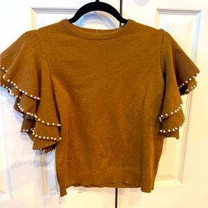 NWOT Fabrik Caramel Brown Ruffle Sleeve Sweater with Pearls Small